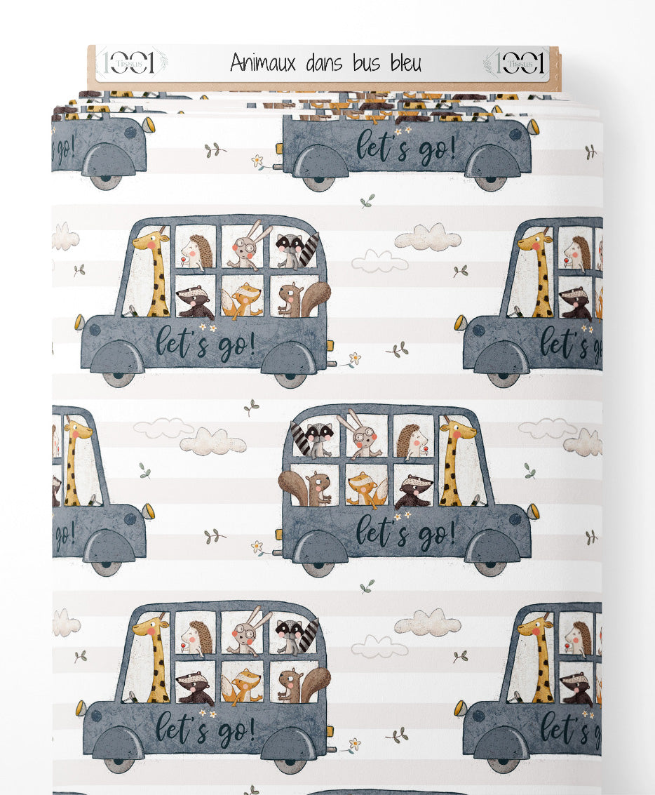 Tissu - Animaux dans bus bleu