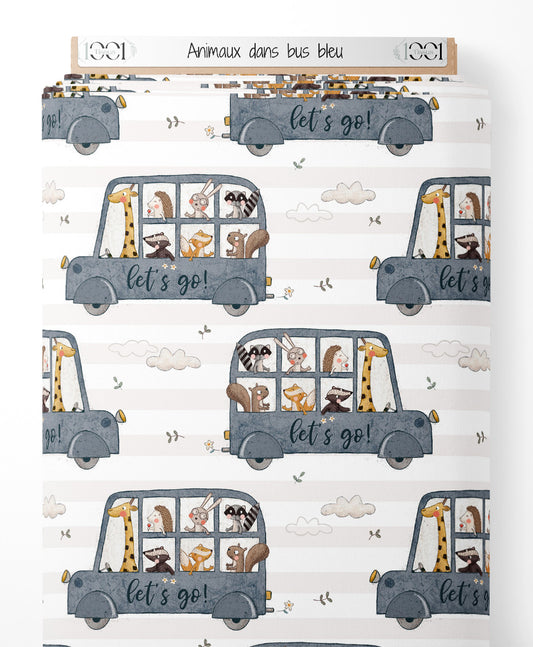 Tissu - Animaux dans bus bleu