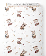 Tissu - Oursons avec cahiers sur blanc