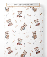 Tissu - Oursons avec cahiers sur blanc