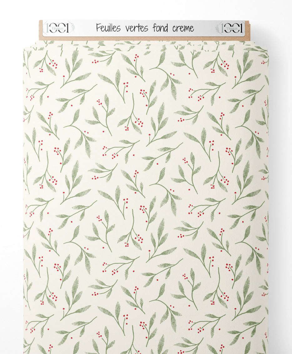 Tissu - Feuilles vertes sur fond crème
