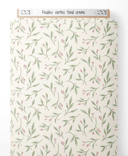 Tissu - Feuilles vertes sur fond crème