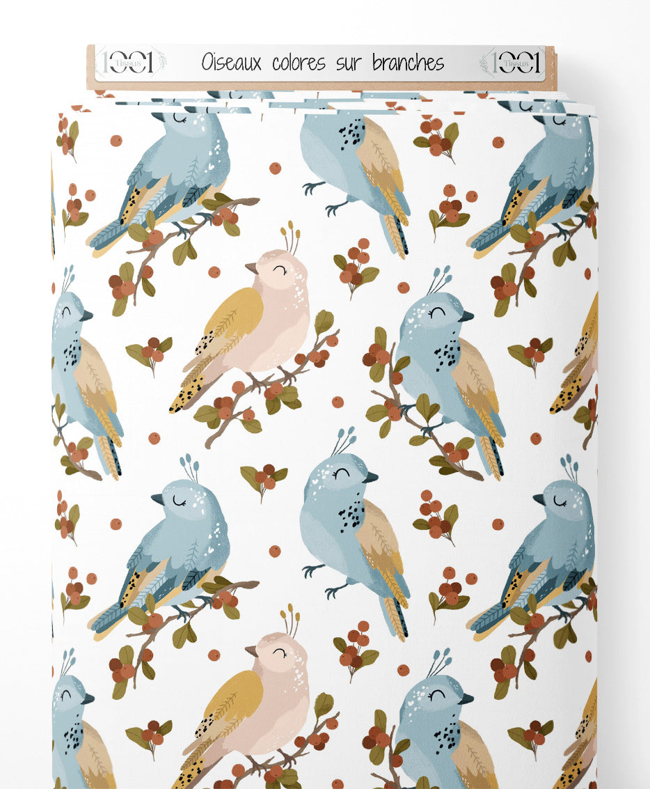 Tissu - Oiseaux colorés sur branches