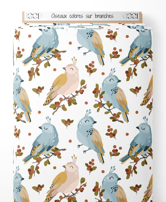 Tissu - Oiseaux colorés sur branches