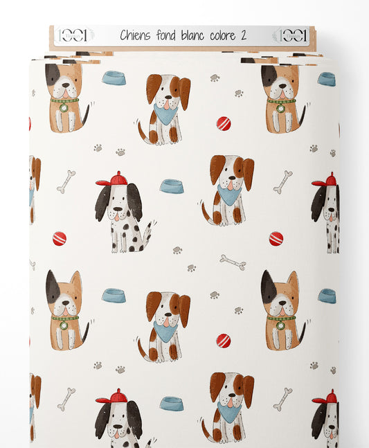 Tissu - Chiens sur fond blanc coloré 2