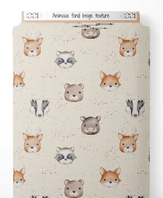 Tissu - Animaux sur fond beige texturé