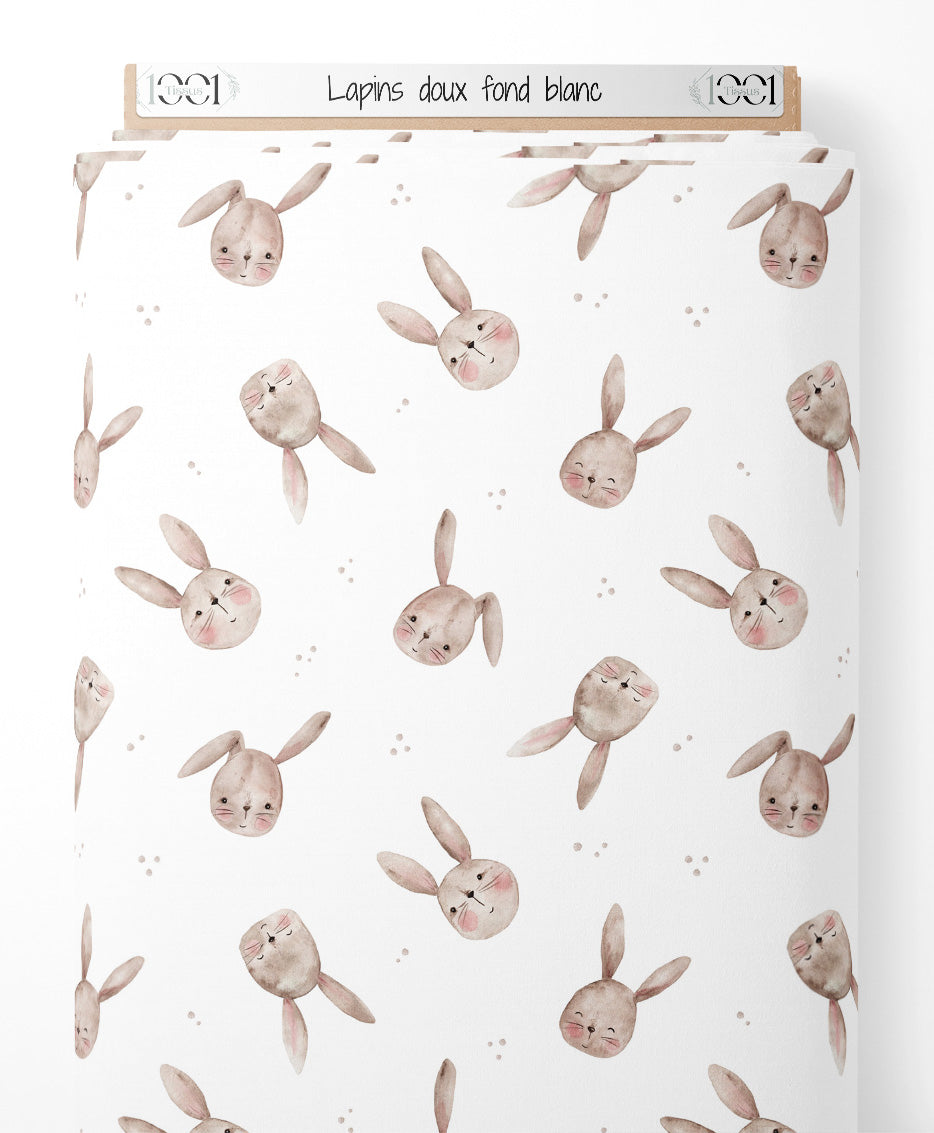 Tissu - Lapins doux sur fond blanc