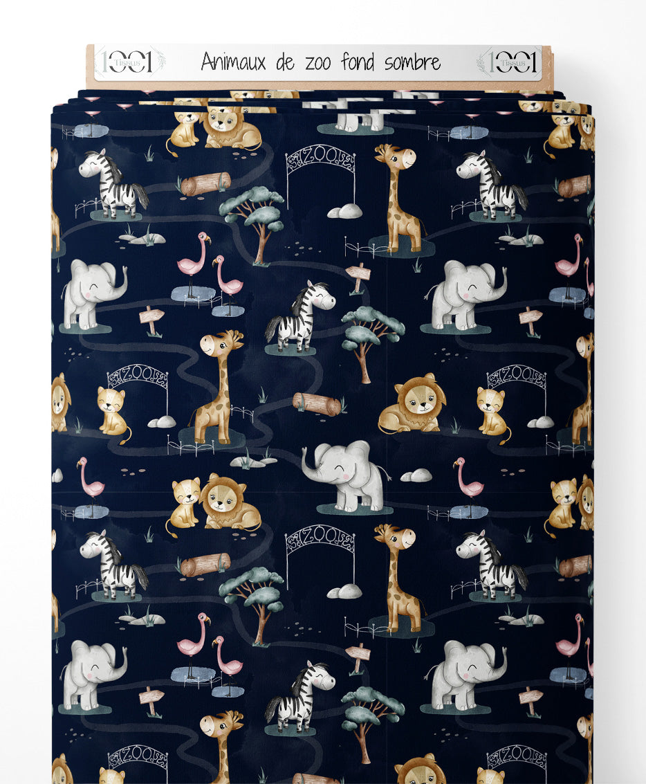 Tissu - Animaux de zoo sur fond sombre