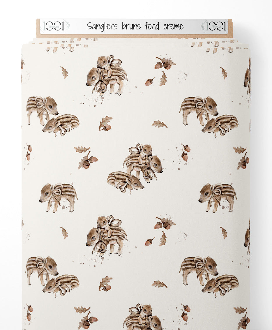 Tissu - Sangliers bruns sur fond crème