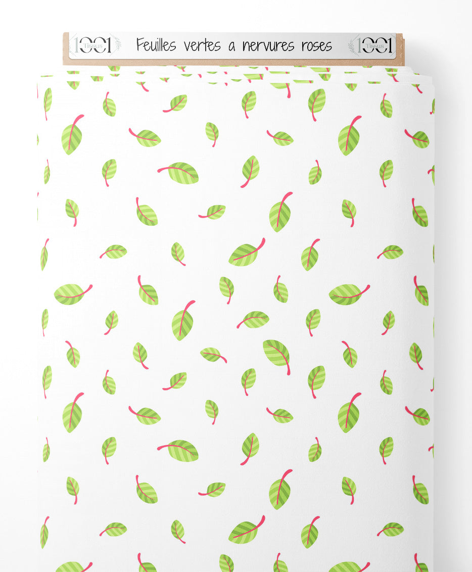 Tissu - Feuilles vertes à nervures roses