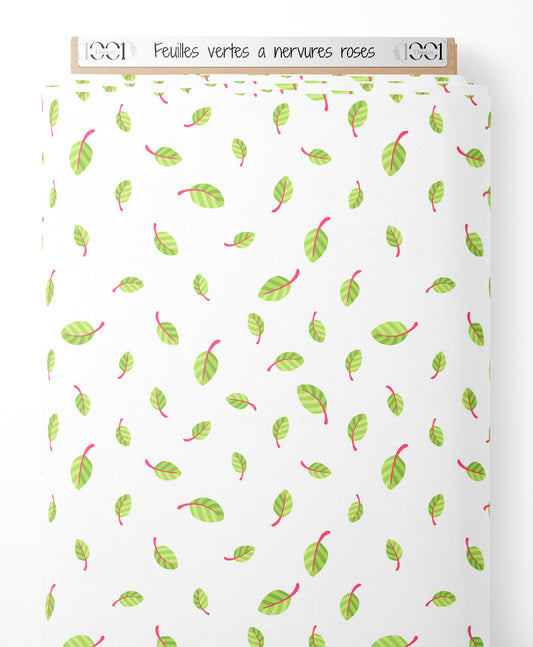 Tissu - Feuilles vertes à nervures roses