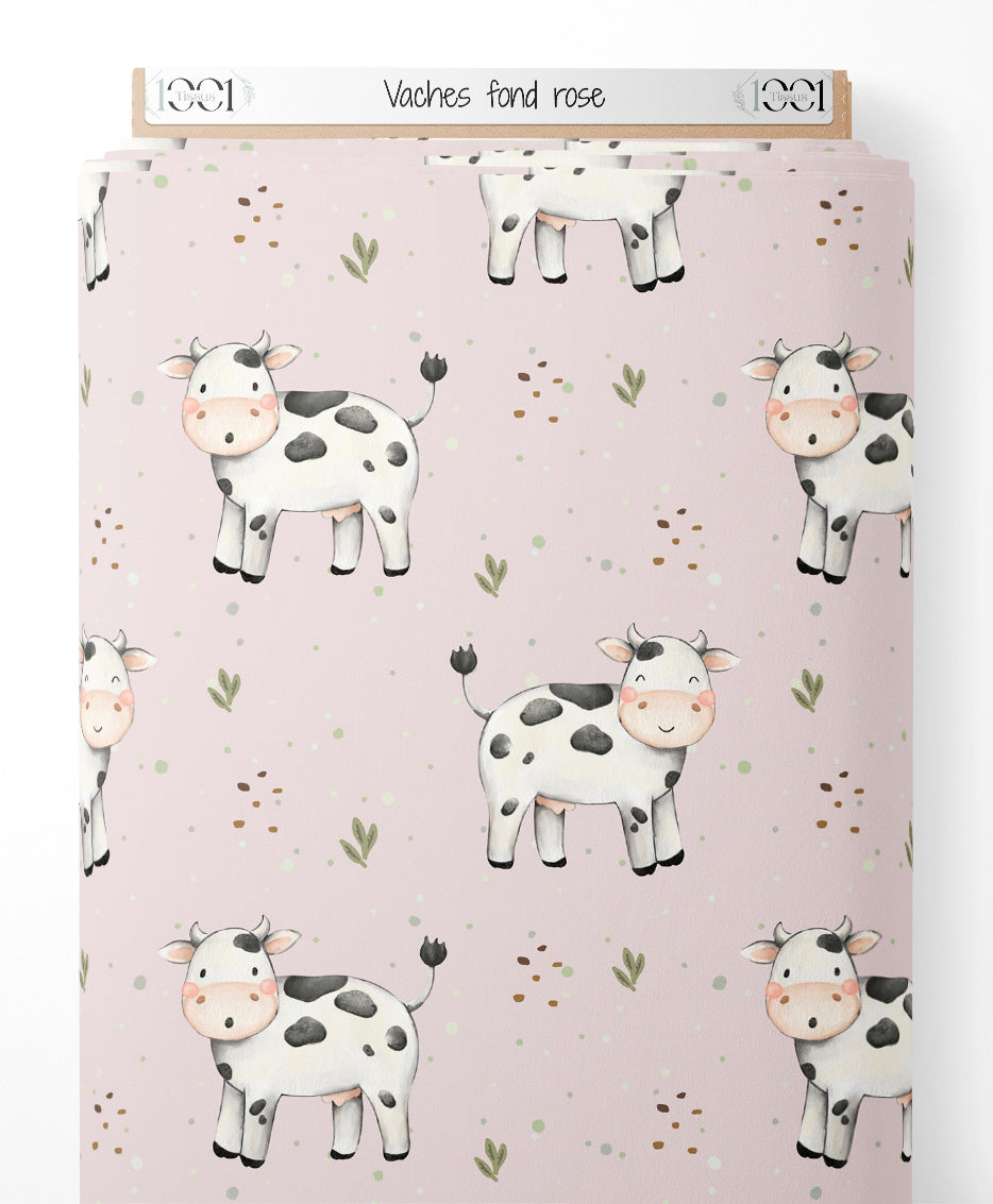 Tissu - Vaches sur fond rose