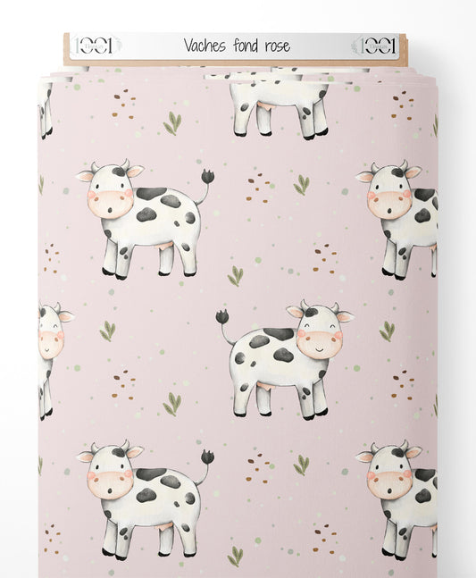 Tissu - Vaches sur fond rose
