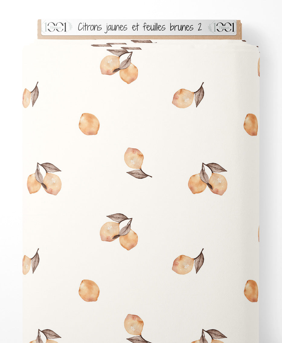 Tissu - Citrons jaunes et feuilles brunes 2