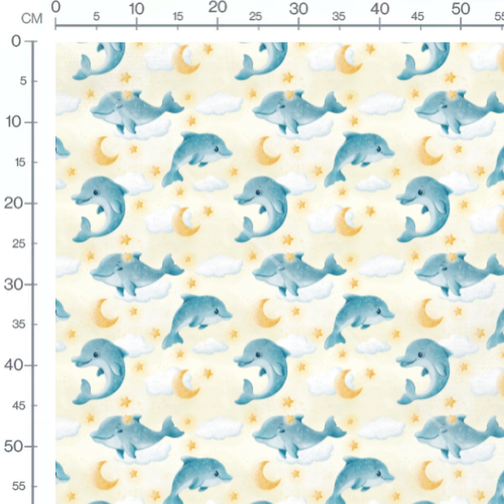 Tissu - Dauphins et lunes sur jaune