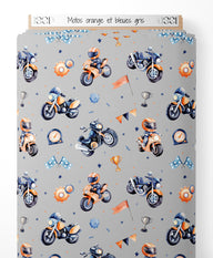 Tissu - Motos orange et bleues gris