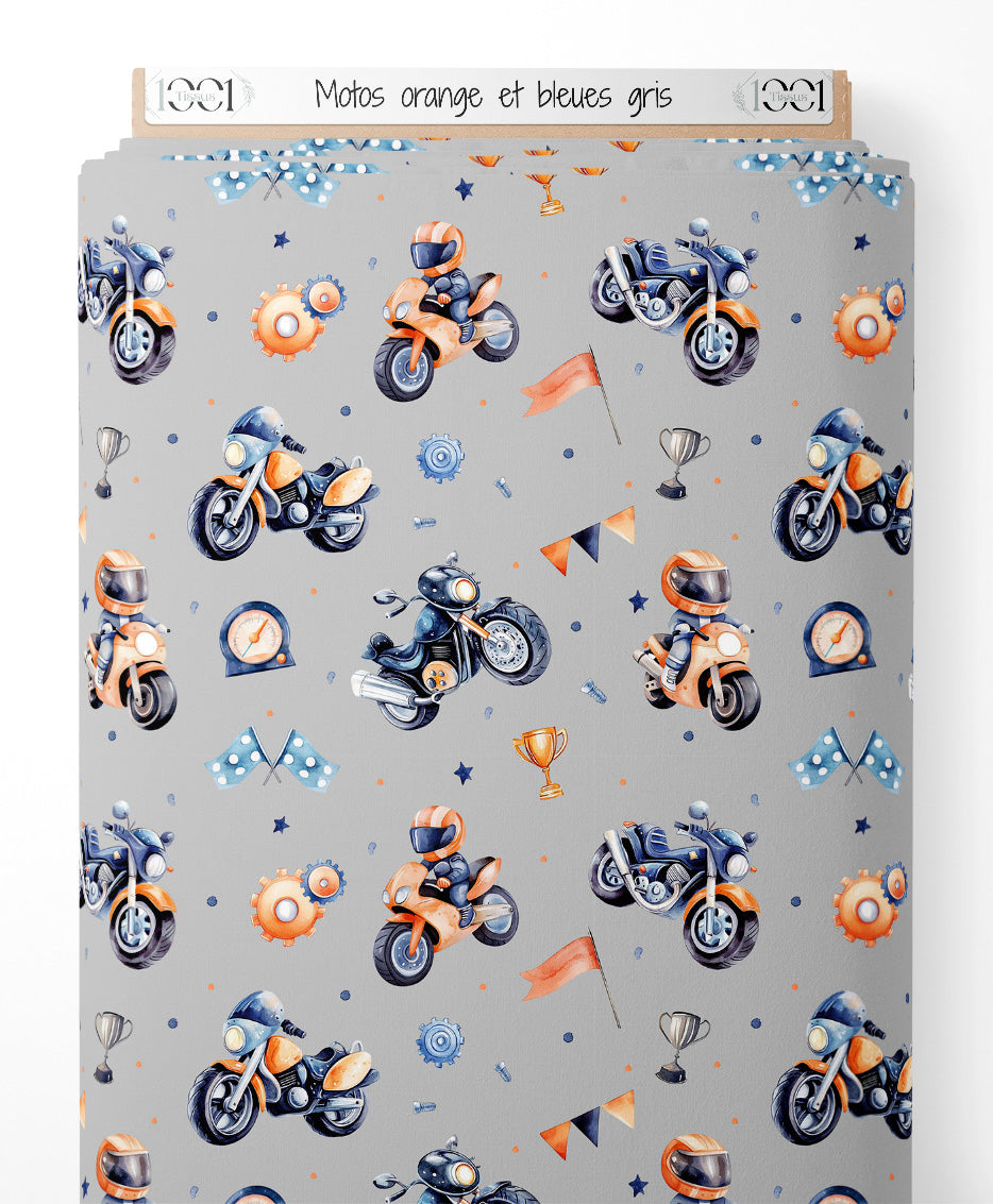 Tissu - Motos orange et bleues gris