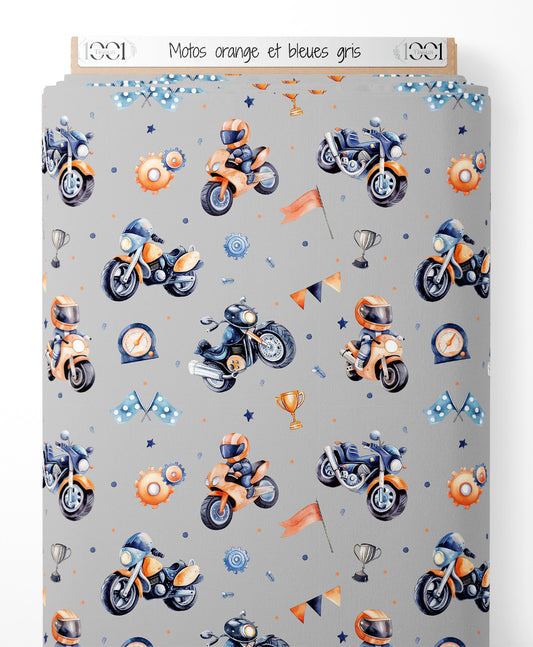 Tissu - Motos orange et bleues gris