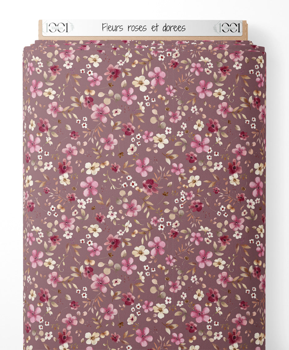 Tissu - Fleurs roses et dorées