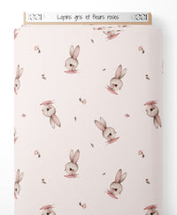 Tissu - Lapins gris et fleurs roses