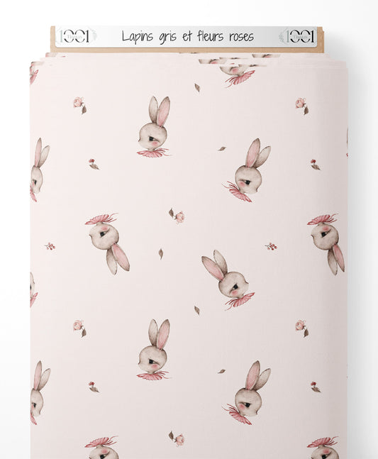 Tissu - Lapins gris et fleurs roses