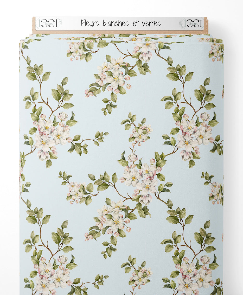 Tissu - Fleurs blanches et vertes