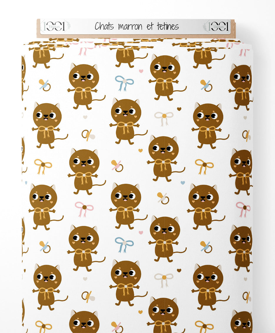 Tissu - Chats marron et tétines