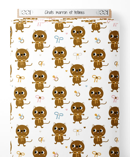 Tissu - Chats marron et tétines