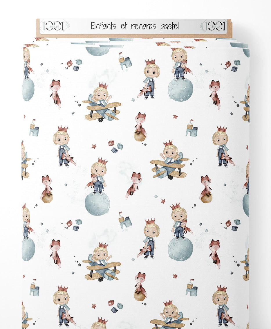 Tissu - Enfants et renards pastel