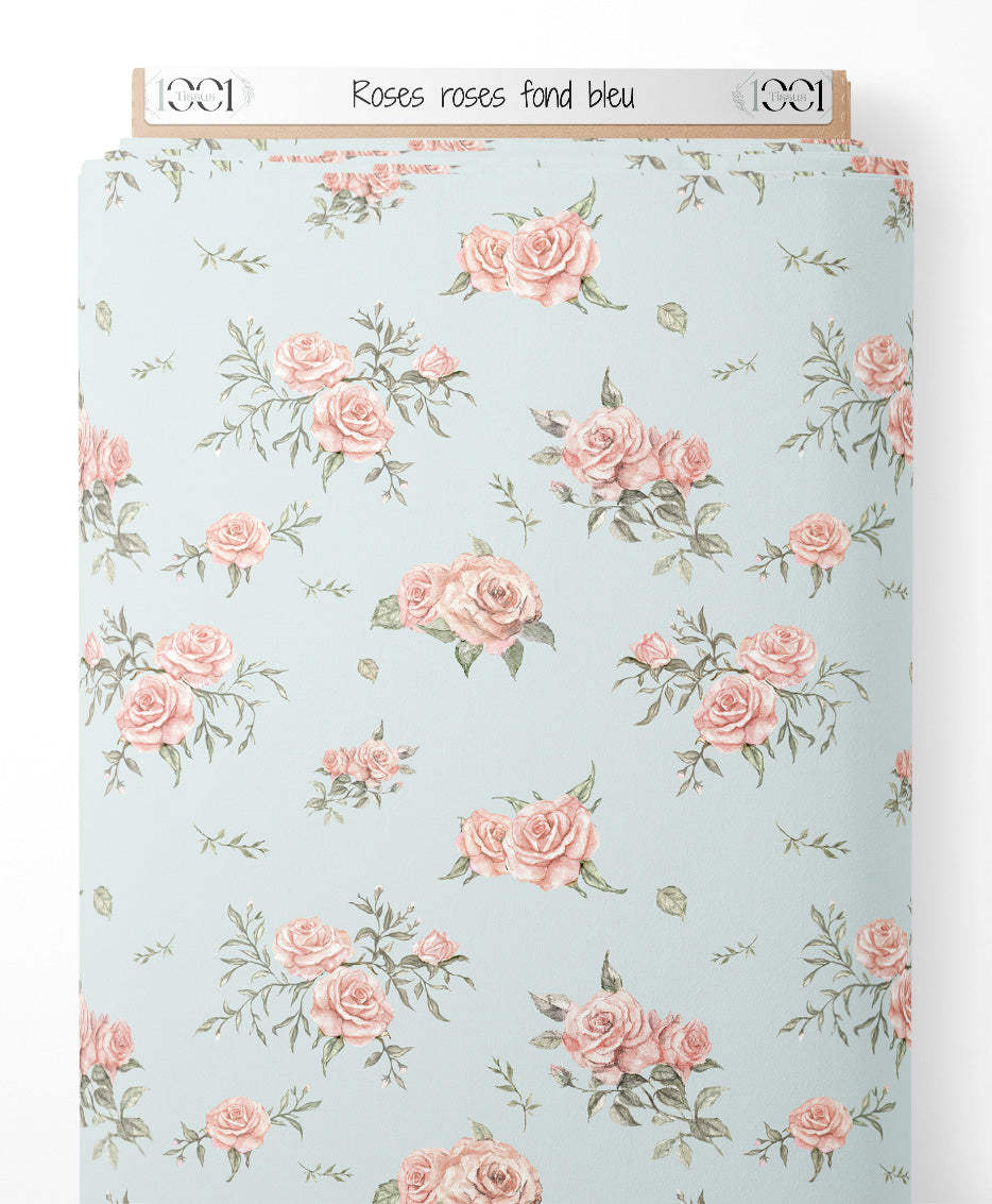 Tissu - Roses roses sur fond bleu