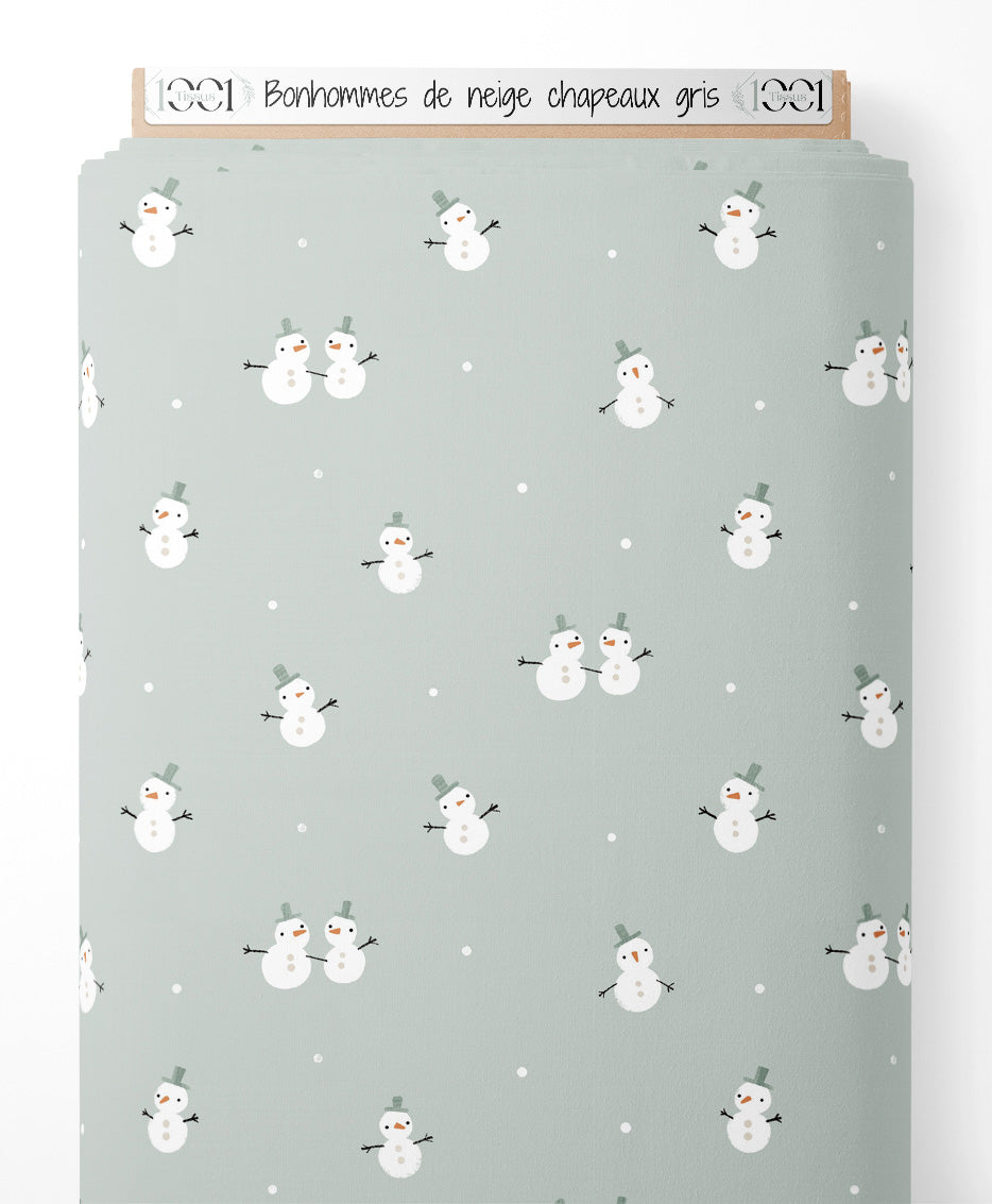 Tissu - Bonhommes de neige chapeaux gris