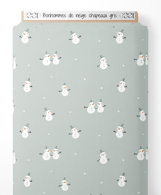Tissu - Bonhommes de neige chapeaux gris