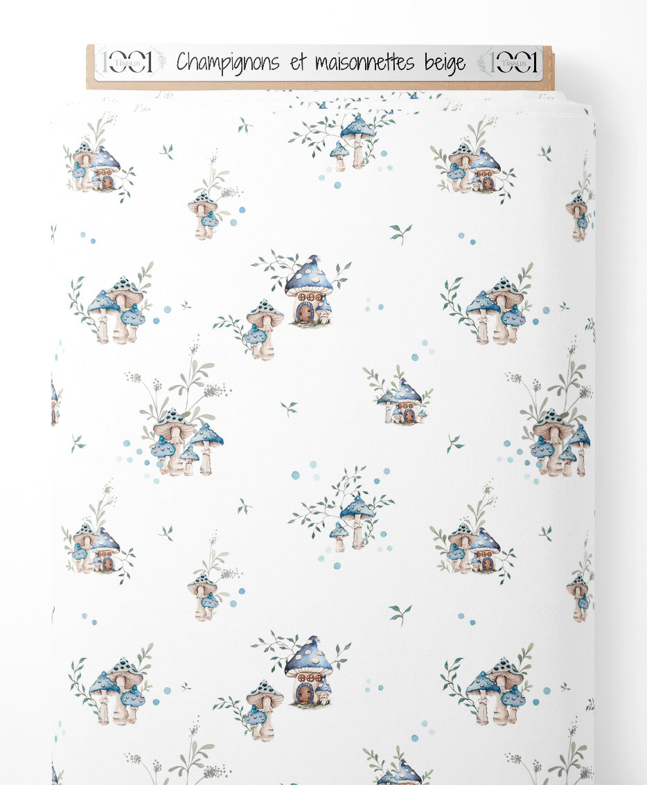 Tissu - Champignons et maisonnettes beige