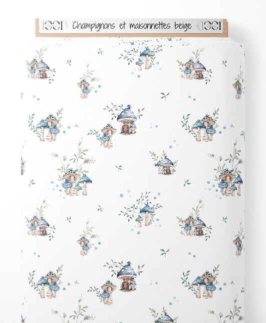 Tissu - Champignons et maisonnettes beige