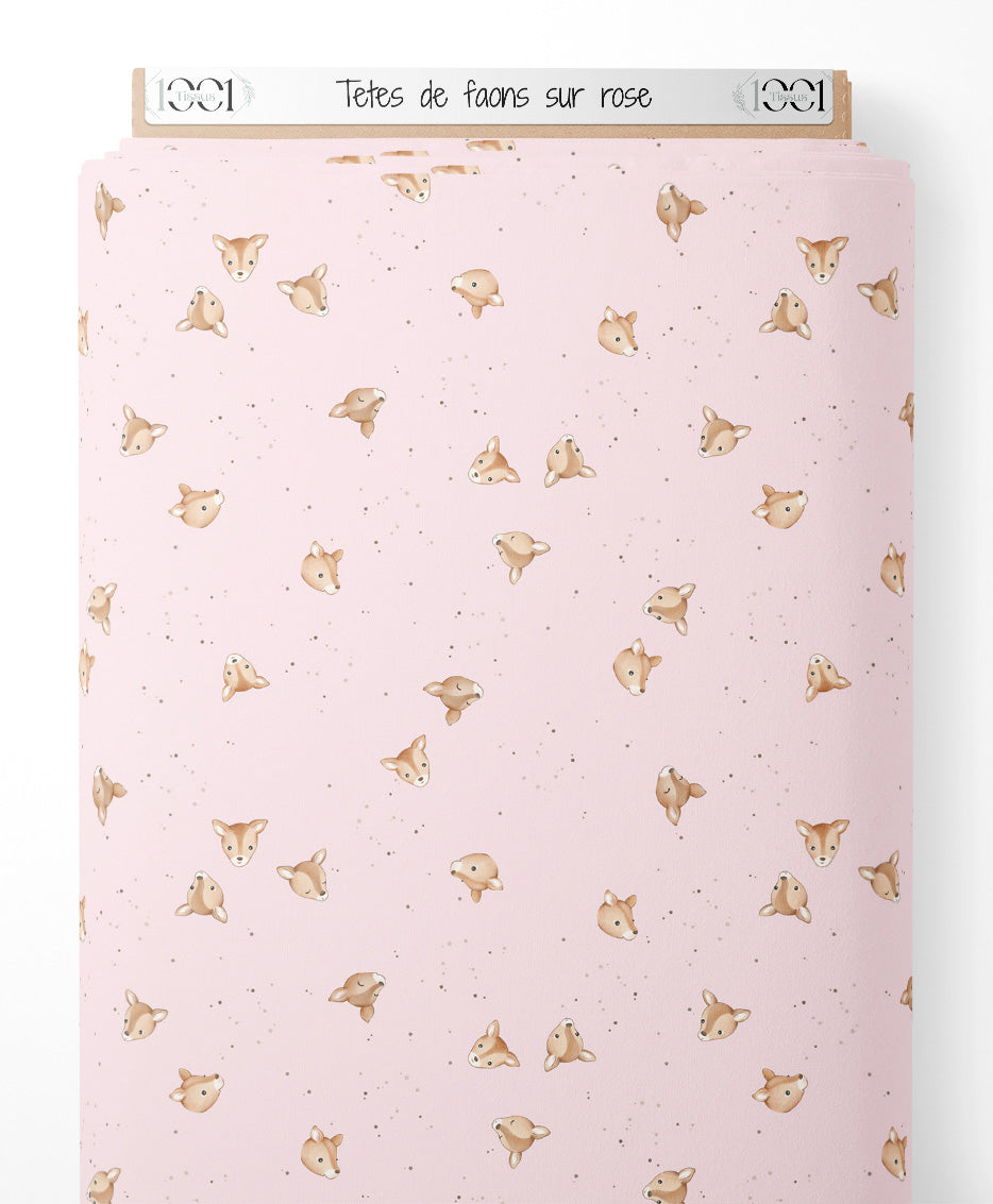 Tissu - Têtes de faons sur rose