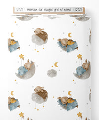 Tissu - Animaux sur nuages gris et étoiles