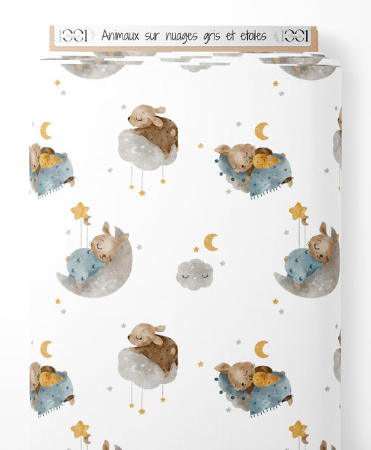 Tissu - Animaux sur nuages gris et étoiles
