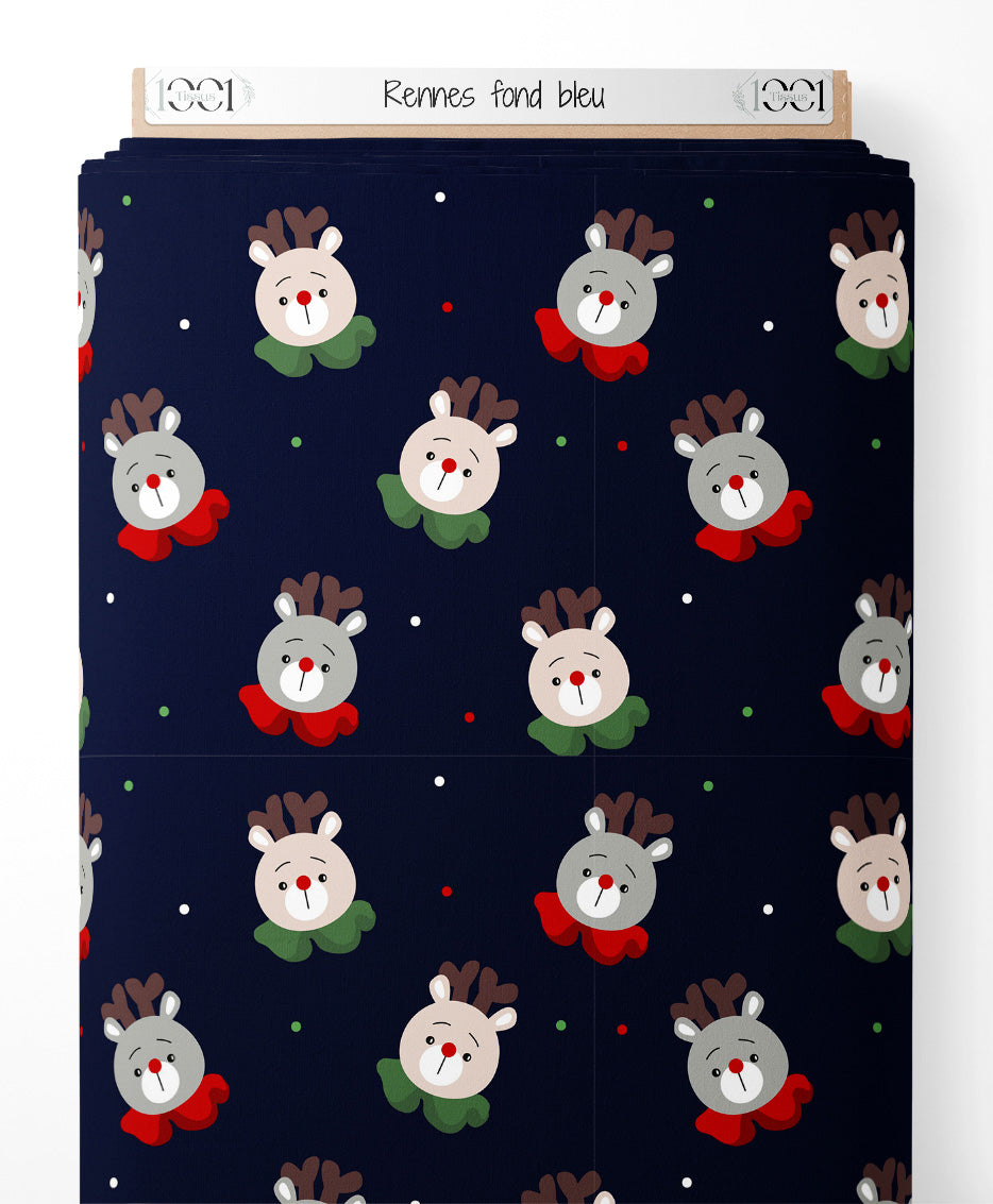 Tissu - Rennes sur fond bleu