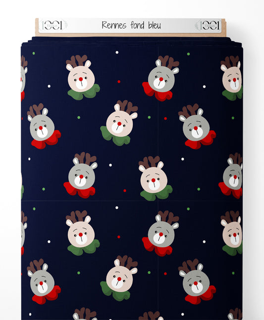 Tissu - Rennes sur fond bleu