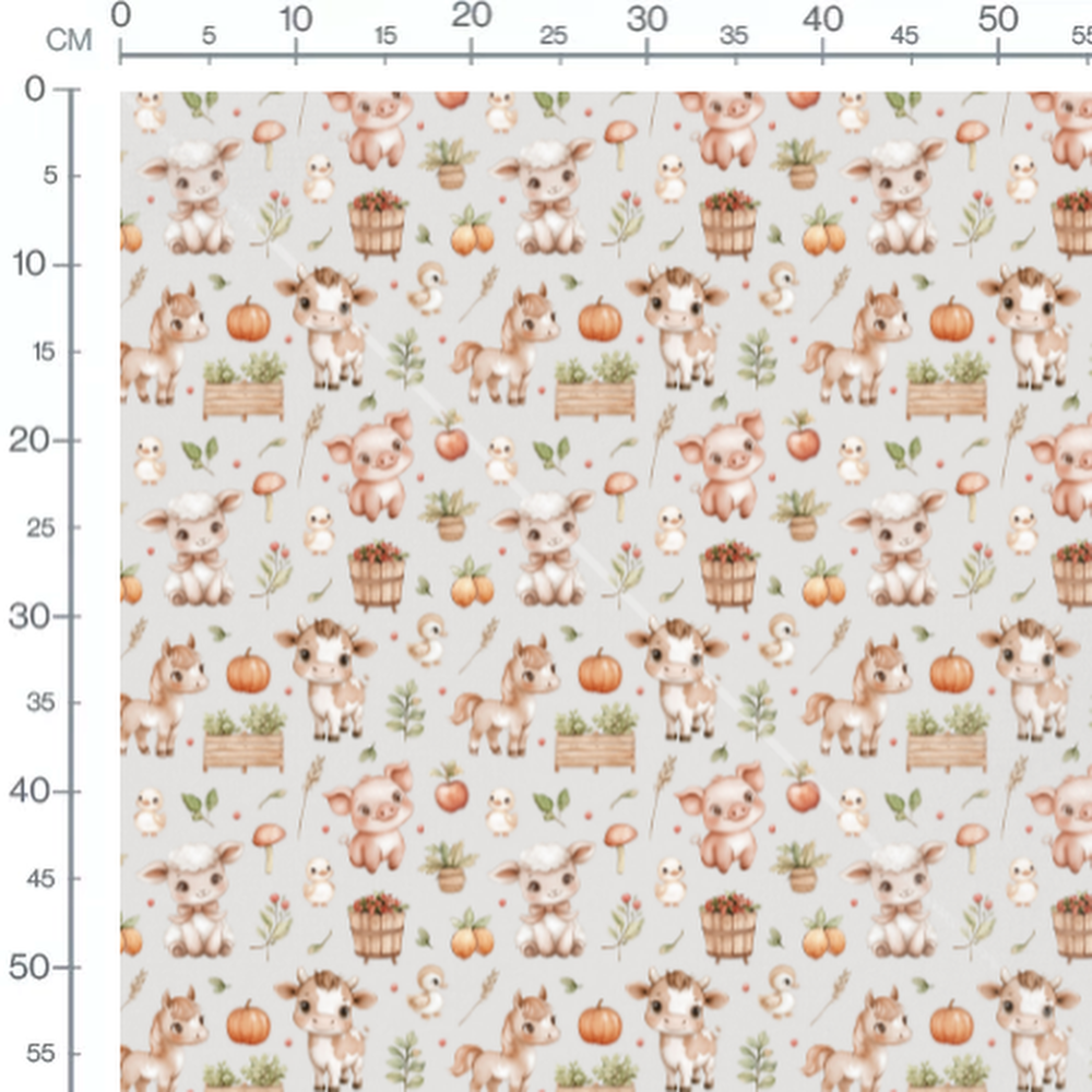 Tissu - Animaux et légumes sur gris