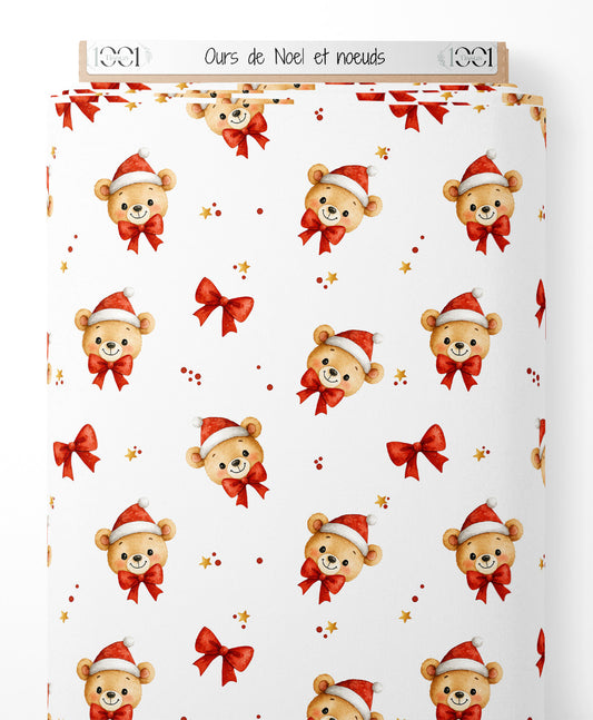 Tissu - Ours de Noël et nœuds