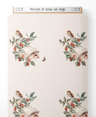 Tissu - Hérisson et oiseau sur beige