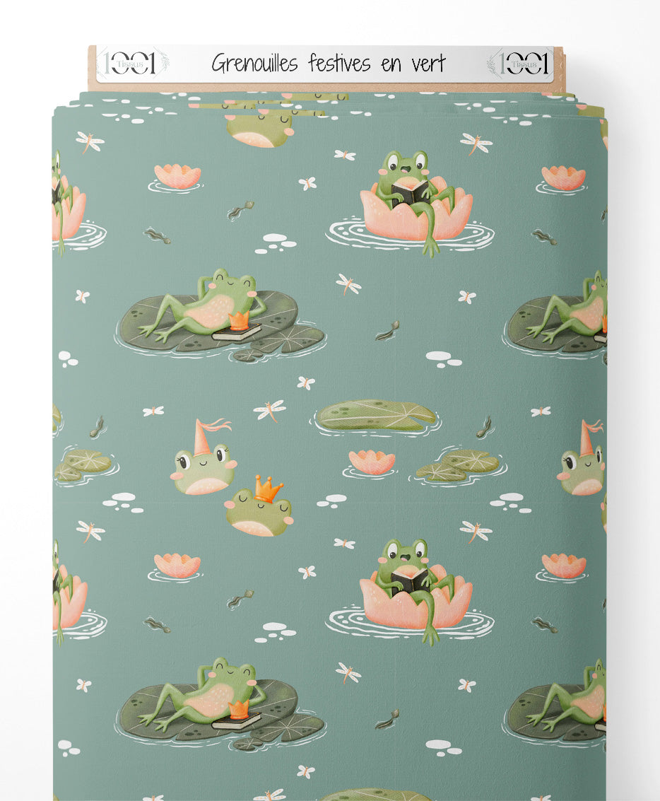 Tissu - Grenouilles festives en vert