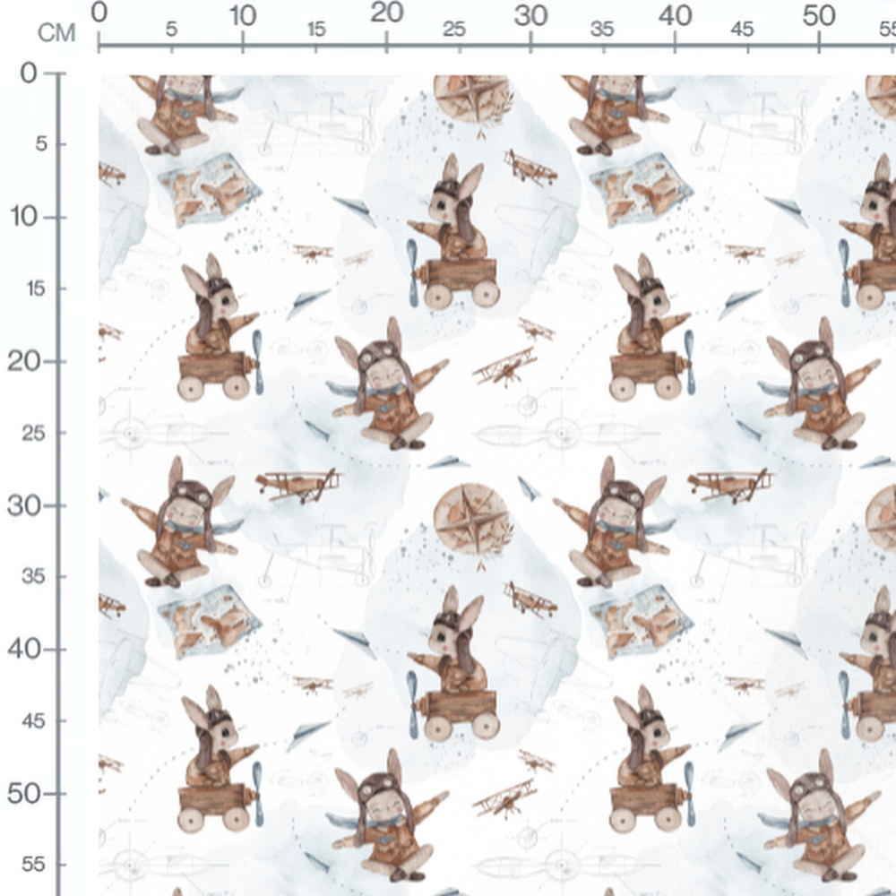 Tissu - Lapins aviateurs sur blanc