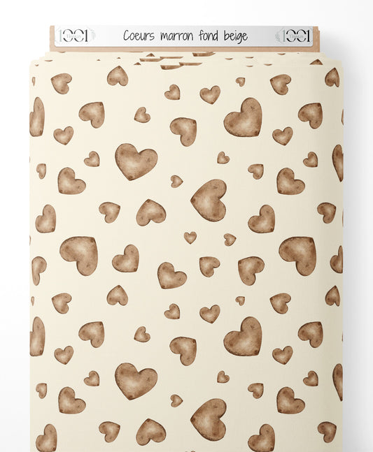 Tissu - Cœurs marron sur fond beige