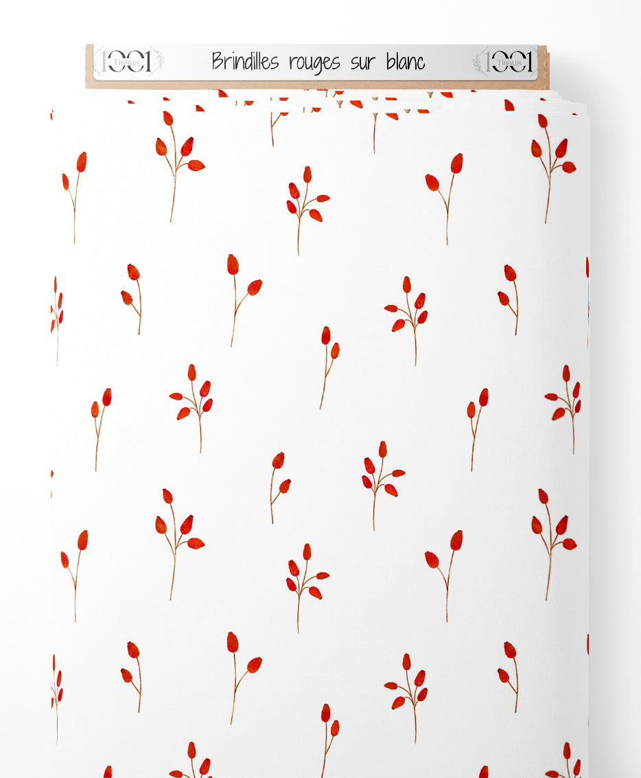 Tissu - Brindilles rouges sur blanc