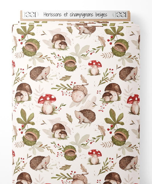 Tissu - Hérissons et champignons beiges