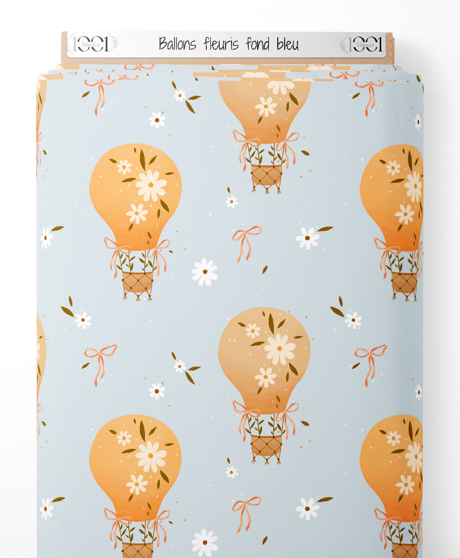 Tissu - Ballons fleuris sur fond bleu