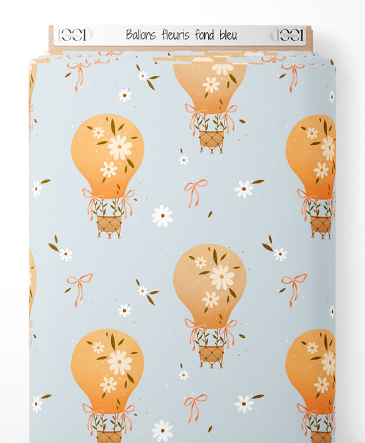 Tissu - Ballons fleuris sur fond bleu