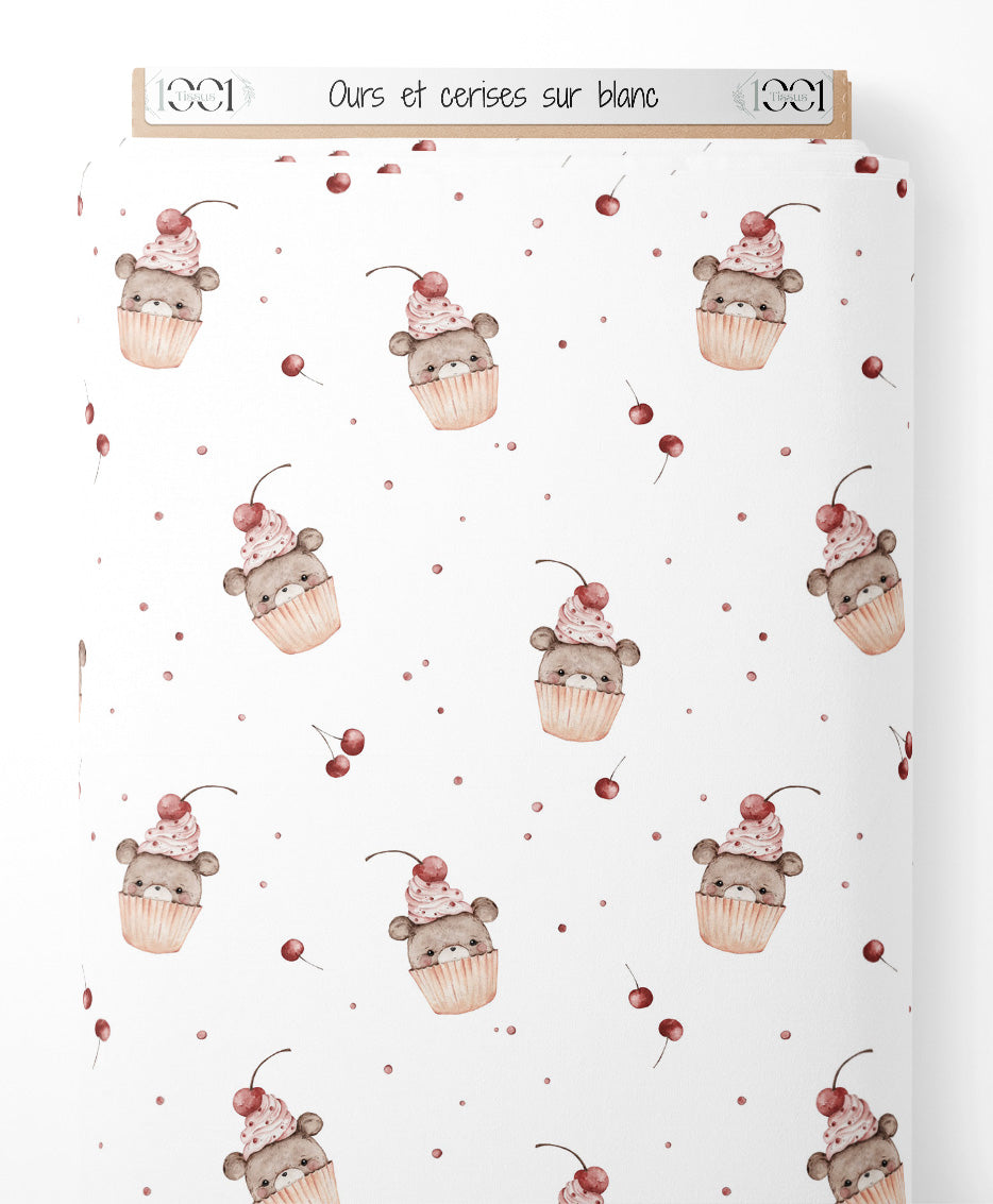 Tissu - Ours et cerises sur blanc